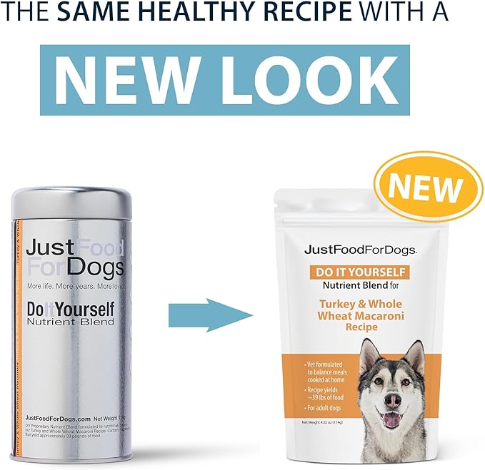 JustFoodForDogs DIY Nutrient Blend for Homemade Dog Food, Turkey & Whole Wheat Macaroni Recipe