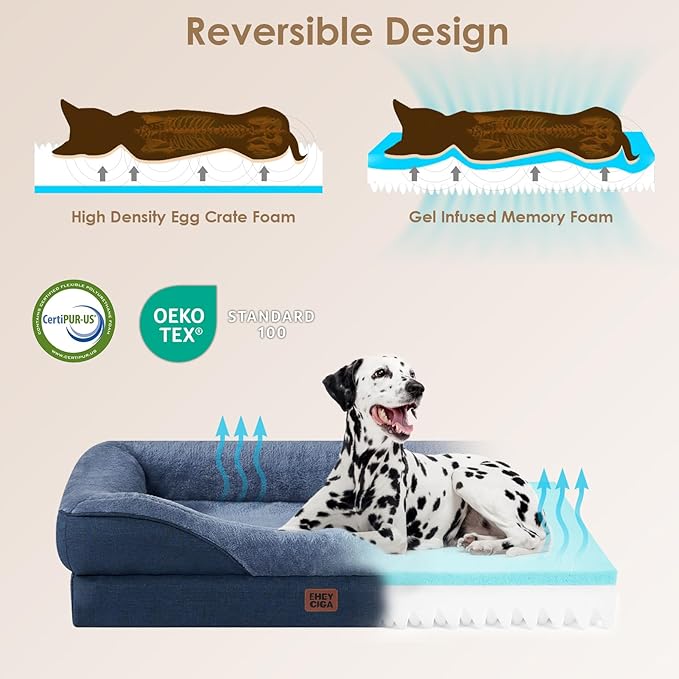 EHEYCIGA Memory Foam Dog Bed for Large Sized, Orthopedic Dog Sofa with Sides and Waterproof Liner, Washable Bolster Pet Couch with Removable Cover, 36x27x7 Inch, Navy