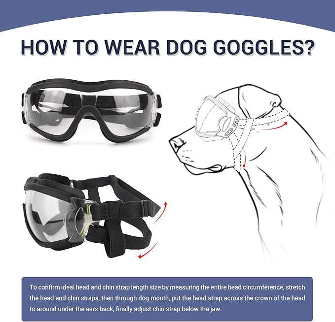 Dog Goggles Anti-UV Windproof Dog Sunglasses Eye Protection for Medium Large Dogs with Adjustable Straps/Clear Lense
