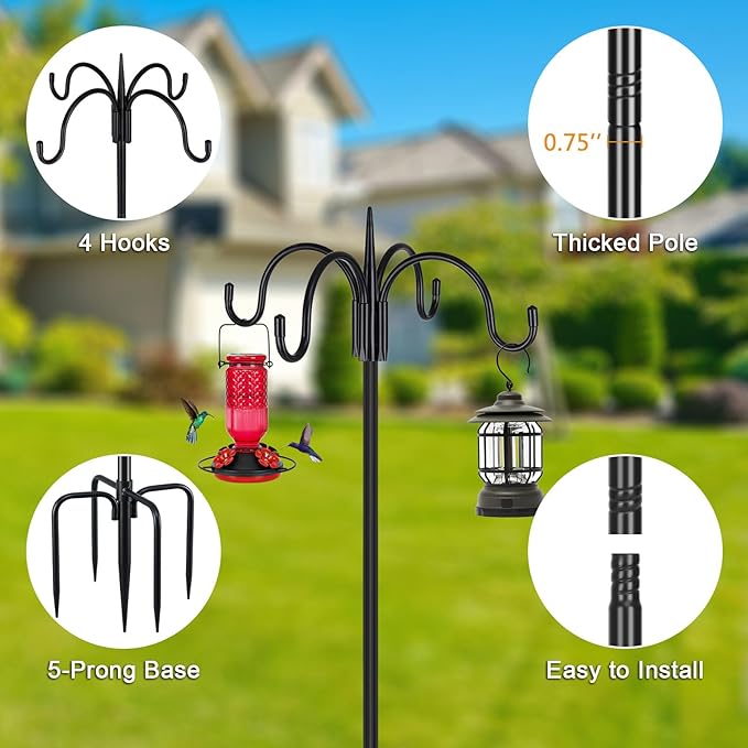 FEED GARDEN 76 Inch Four Shepherd Hooks for Outdoor,Bird Feeder Pole with 5 Prong Base, Adjustable Shepard Hooks for Hanging Plant, Solar Lanterns, Wind Chimes, 2 Pack