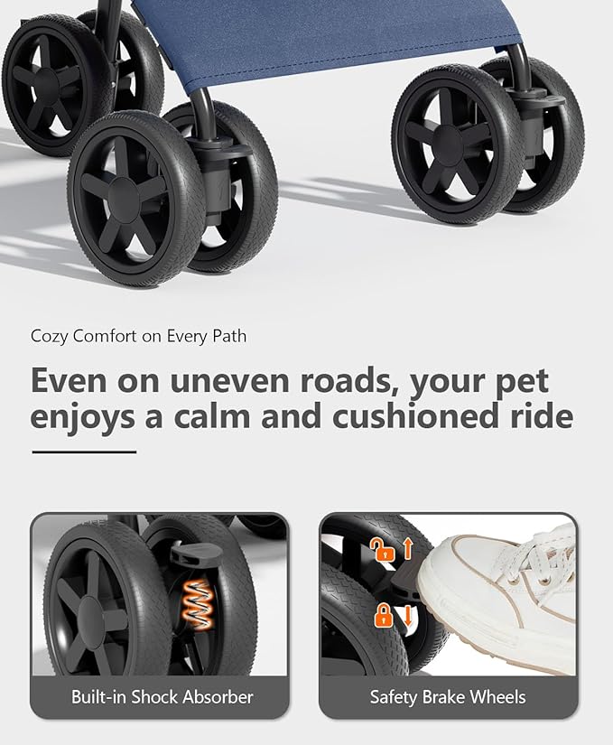 Pet Stroller with 4 Wheels for Small/Medium Pets, Portable Travel Foldable Carrier Jogger for Dog Cat Puppy Kitty, Rear Wheel Breaks, Storage Basket, Visible Mesh Weather Cover (Navy Blue)