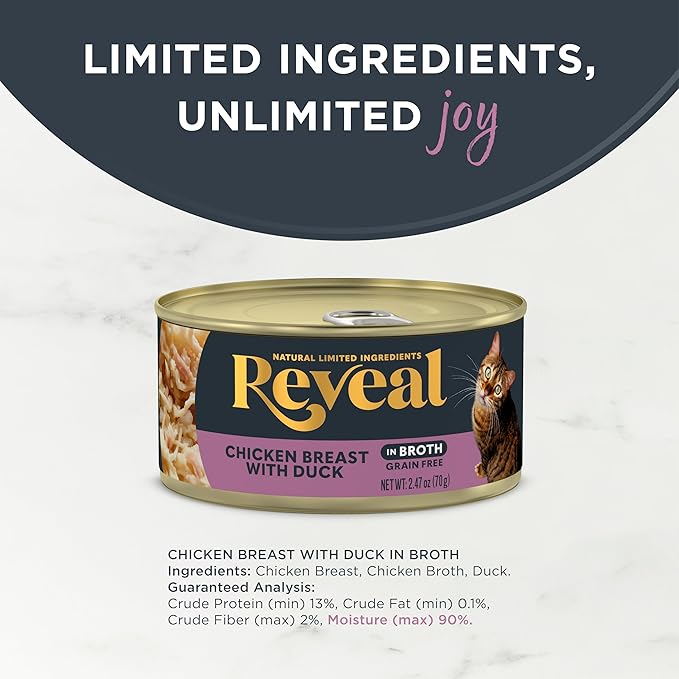 Reveal Natural Wet Cat Food, 24 Count, Grain Free, Limited Ingredient Canned Food for Cats, Chicken Breast with Duck in Broth, 2.47 oz Cans