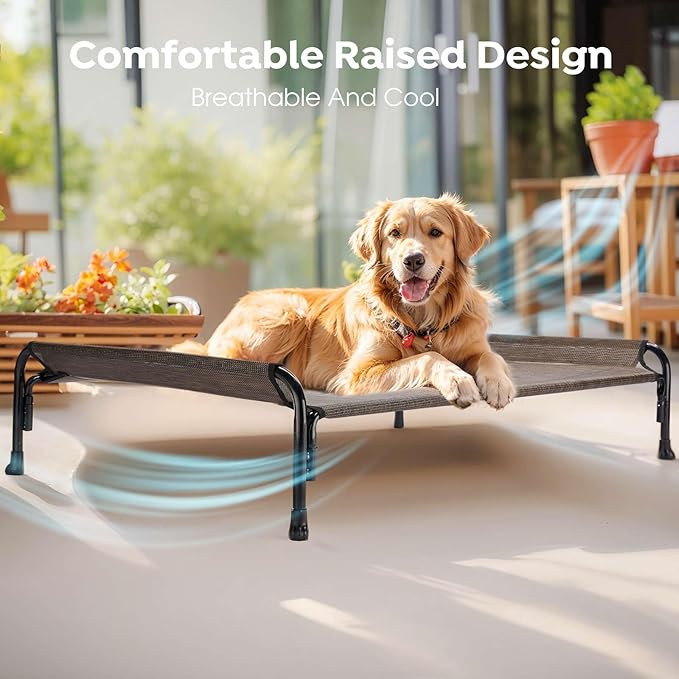 Veehoo Outdoor Elevated Dog Bed, Raised Dog Cot for Large Dogs, Cooling Washable Waterproof Pet Hammock Beds with Slope Headrest, Breathable Mesh and Sturdy Frame, Large, Brown, CWC2204
