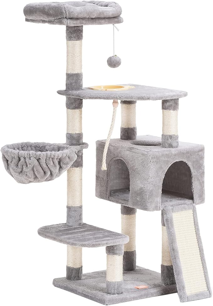 Heybly Cat Tree, Cat Tower for Indoor Cats with Scratching Board, Multi-Level Cat Furniture Condo with Feeding Bowl, Light Gray HCT010W