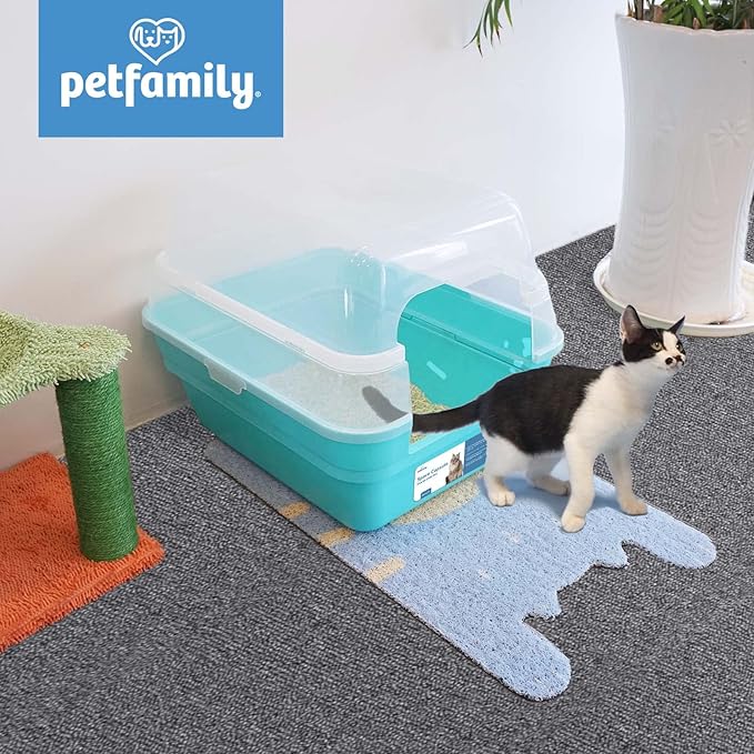 Petfamily Cat Litter Box, Large Foldable Jumbo Hooded Cat Litter Box with Transparent Lid (Teal)
