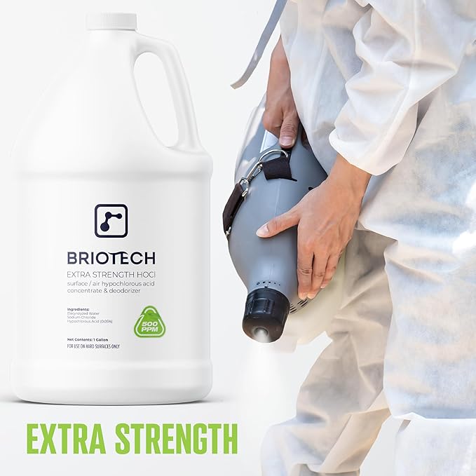 BRIOTECH Extra Strength HOCl Cleaner, 500 PPM Hypochlorous Acid Concentrate, ULV Foggers & Humidifiers, Professional Deodorizer for Dental, Offices, Schools, Homes, Peroxide Free, 1 Gallon