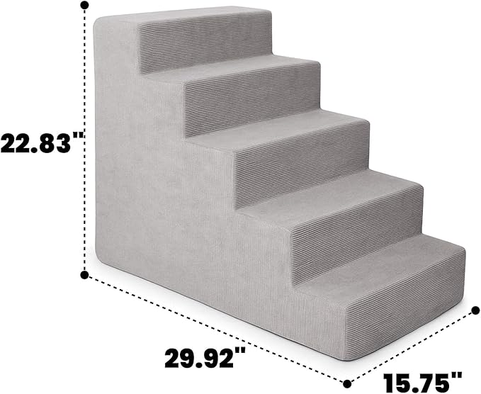 MEWANG Dog Stairs for Small & Medium Dogs and Old Cats –3/4/ 5 Steps High-Density Foam Pet Ramp for Bed & Couch, Non-Slip, Washable Cover, Grey (Square Corner, 5 Steps: 29.92''×22.83''×15.75'', 2)