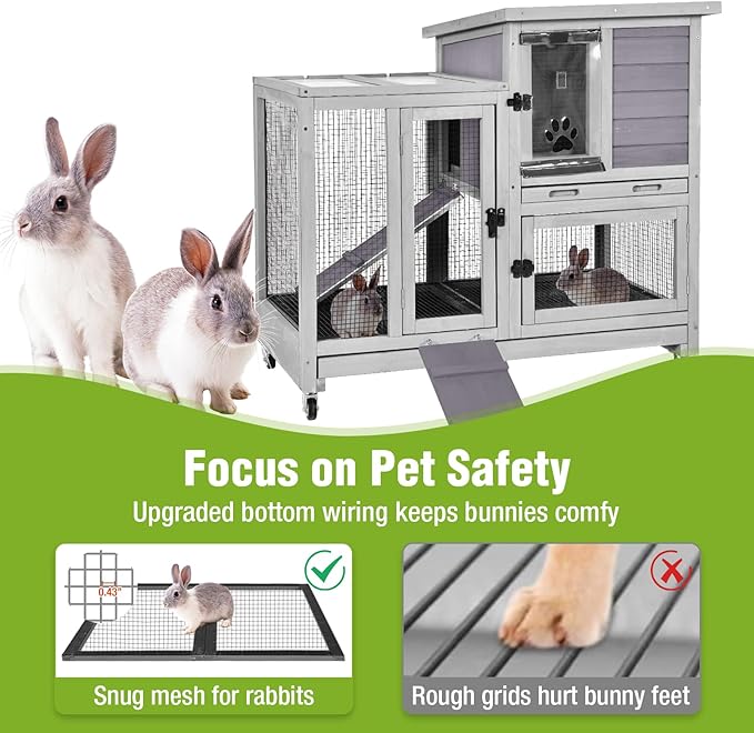 GUTINNEEN 2-Story Rabbit Hutch Indoor with Chew-Proof Ramp & Slide-Out Plastic Trays - Wooden Small Animal Cage Guinea Pig Cages with Wheels for 2-4 Rabbits, Bunnies, and Guinea Pigs (Grey)