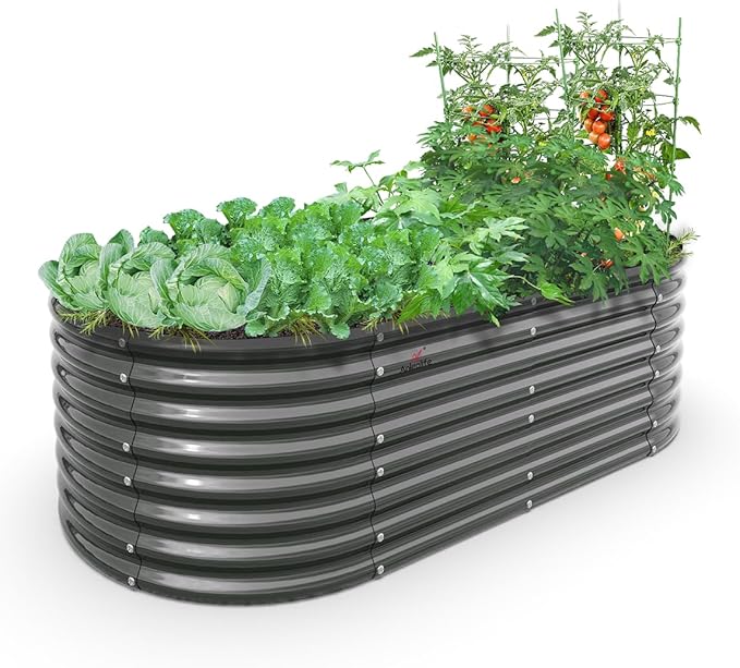 A ANLEOLIFE 6X3X2 ft Galvanized Raised Garden Beds Outdoor, Oval Large Metal Deep Root Planter Box for Planting Vegetables Flowers Herb, Anti-Rust & Easy-Setup, Quartz Grey