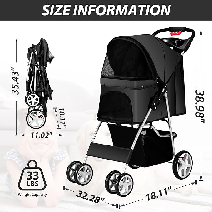 4 Wheels Pet Stroller for Small Medium Dogs Cats 10-33 lbs, Foldable Dog and Cat Stroller with Cup Holder & Storage Basket & Breathable Mesh, Pet Strolling Cart for All-Season, Black