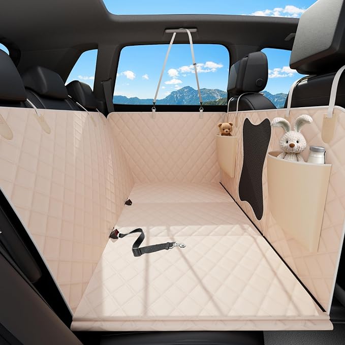 Waterproof Dog Car Seat Cover for Back Seat – Heavy Duty Back Seat Extender for Dogs with Hard Bottom, 7-Layer Protection, Non-Slip & Scratchproof, Easy to Install (Beige)