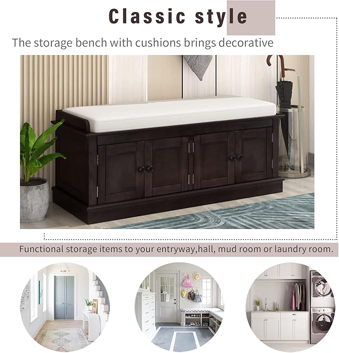 Shoe Storage Bench with 4 Doors and Adjustable Shelves, Shoe Bench with Removable Cushion for Living Room Entryway 42.7" L * 16" W * 17.4" H Espresso