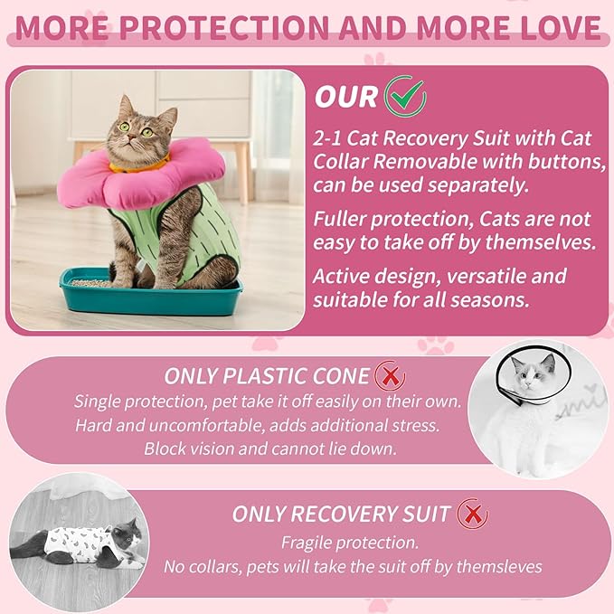 EMUST Cat Recovery Suit and Cone Collar - Cute Surgical Suit for Abdominal Wounds or Skin Diseases, Adjustable Flower Neck Collar Soft for Cats 4-8lb (Green, M)