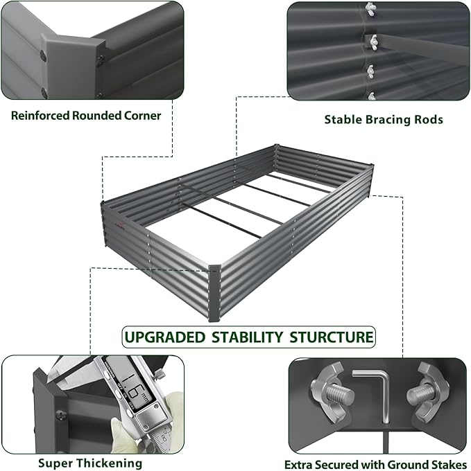 A ANLEOLIFE 8X4X1.5ft Galvanized Raised Garden Bed Kit, Rectangular Large Metal Deep Root Planters for Outdoor Plants Vegetables Flowers Herb, 359 Gallon Capacity- Quartz Grey