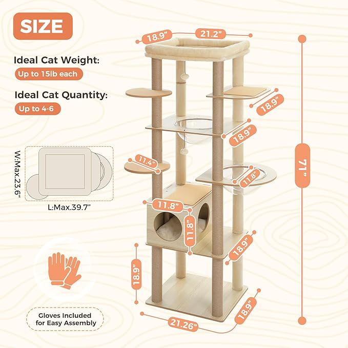 71" Tall Wood Cat Tree for Large Cats, Modern Cat Tower with 2 Acrylic Bowls, Large Top Perch, Spacious Cat Cave (Soft Cushion Included), 10 Sisal Scratching Posts and Non-Slip Jump Platforms