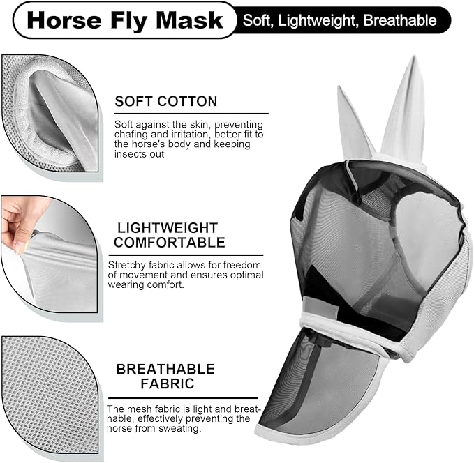 Luminous Horse Fly Mask with Long Nose, Ears, Full Face & Eye Protection - Full Mesh, Detachable Nose Cover, Fleece Padded Edging, Hook-and-Loop Straps with Webbing, Hanging Straps Grey