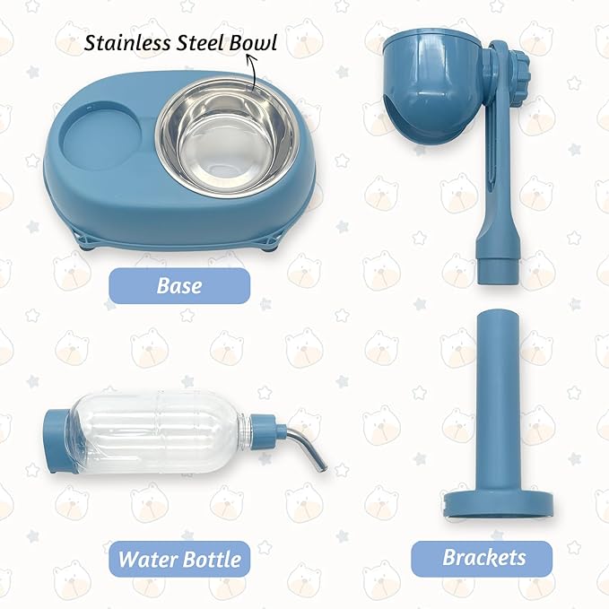 Fhiny Dog Water Feeder Bottle with Stand, Dispenser Automatic Water Food Bowl for Cage No-Drip Leak-Proof Adjustable Raised Pet Slow Water Bottle Dog Kennel Durable Drinker (Blue, 17oz)