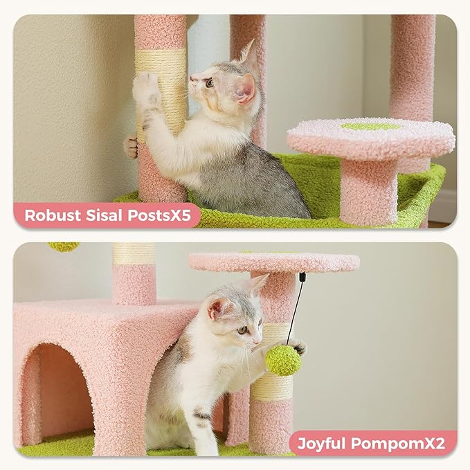 PAWZ Road Cat Tree, 53.5 Inches Tall Cat Tower with Spacious Hammocks, Condos and Scratching Posts, Cat House with Dual Padded Perches for Indoor Large Cats-Pink
