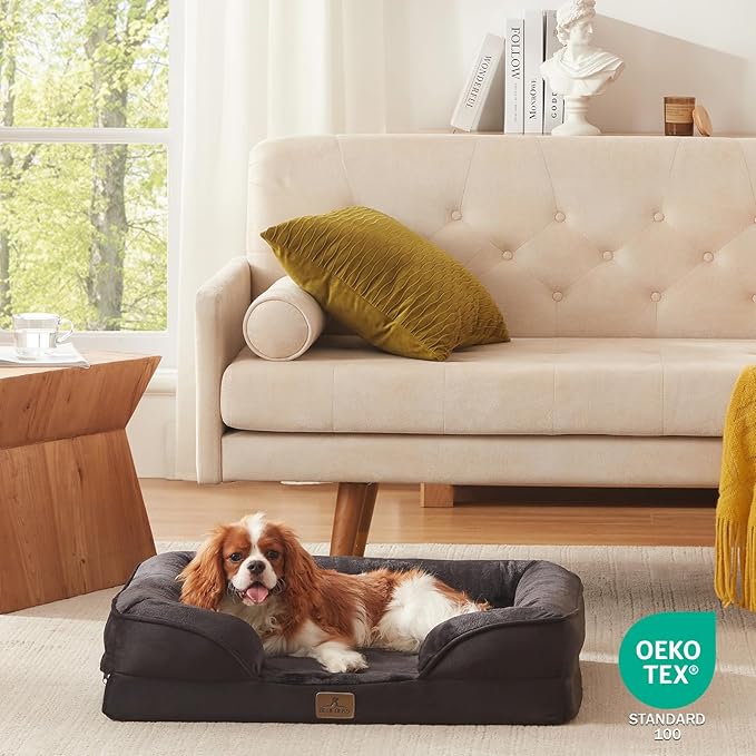 Bedfolks Orthopedic Dog Bed, Waterproof Dog Sofa Bed for Medium Dogs, Egg Foam Pet Couch Bed with Removable Washable Cover and Nonslip Bottom, Black