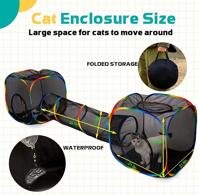 LUCKITTY Outdoor Rainbow Cat Enclosures Playground,Outside House for Indoor Cats Include Portable Tent, 2 Way with 2 Cube Tunnel, for Kitty and Small Animals,Within Storage Bag