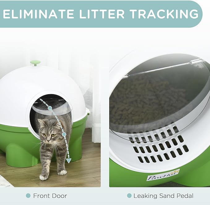 PawHut Hooded Cat Litter Box, Large Kitty Litter Pan with Lid, Scoop, Leaking Sand Pedal, Top Handle, Dark Green