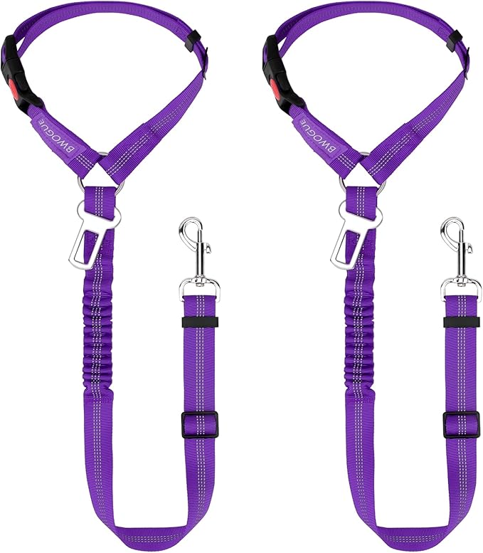 BWOGUE 2 Piece Dog Seat Belt for Car with Elastic Bungee Buffer Safety Seatbelt Car Headrest Restraint Wear Adjustable Metal Buckle Harness in Vehicle Travel for Pet