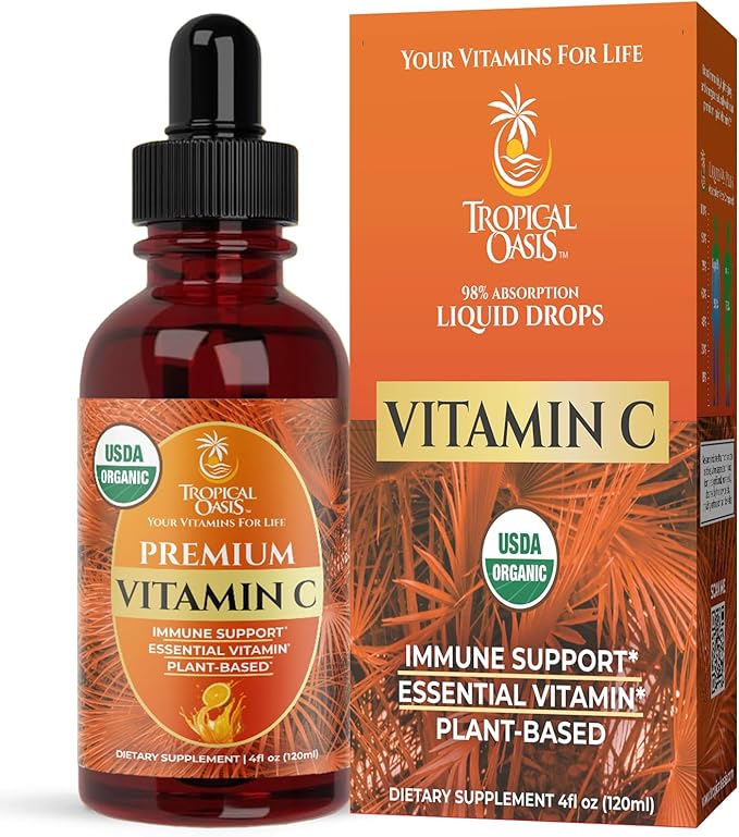Tropical Oasis USDA Organic Liquid Vitamin C Drops for Adults & Kids | Supports Healthy Immune System | 98% Absorption Rate | Vegan | Non-GMO | Gluten Free | 60 Servings