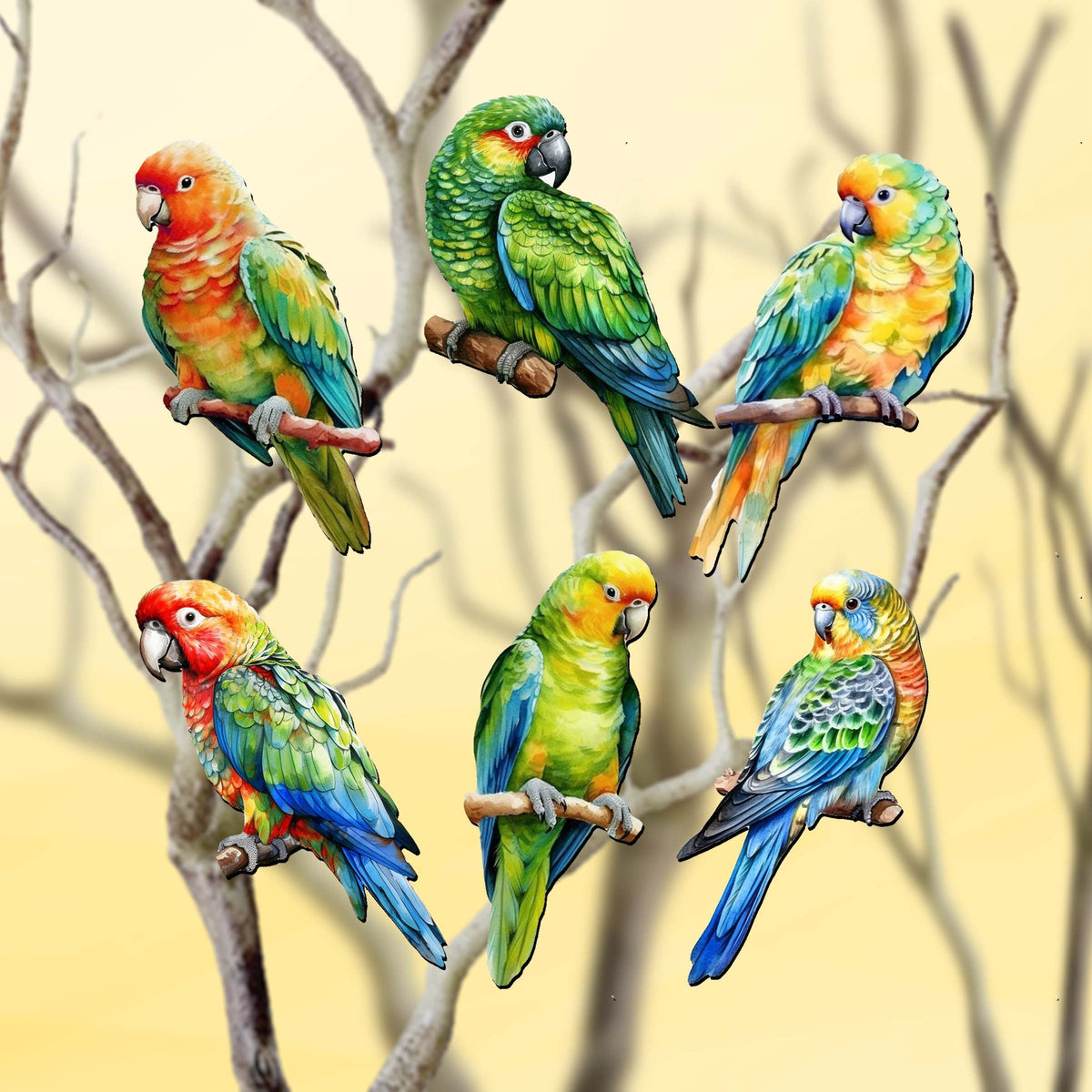 Parrots Clip-On Eco Wood Decorative Ornaments Set of 6 by G. Debrekht - Christmas Decor - 8090013C-S6