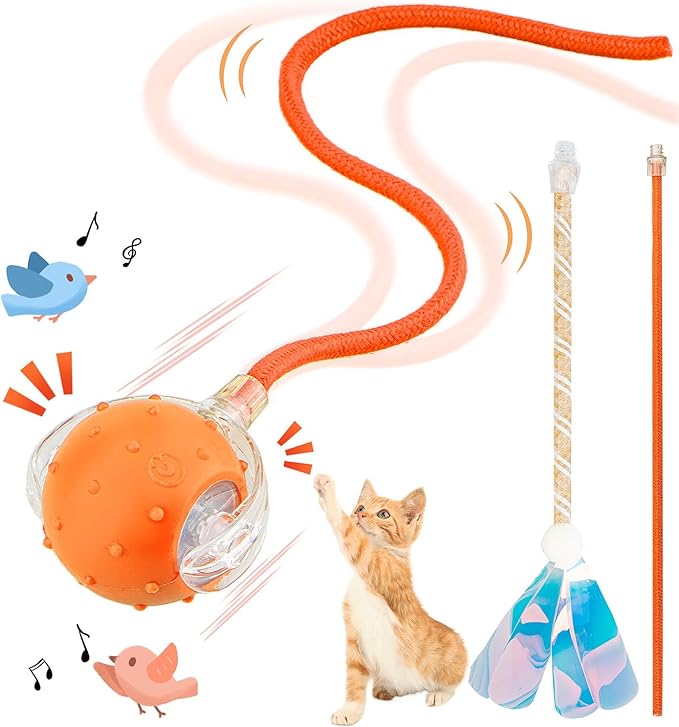 Interactive Cat Toys Ball for Indoor Cats, Automatic Agile Rolling Cat Ball with Elastic Mesh Tail, Bird Chirping & Motion Activated, 2 Tail Accessories, Kitten Toy for Bored (Orange)