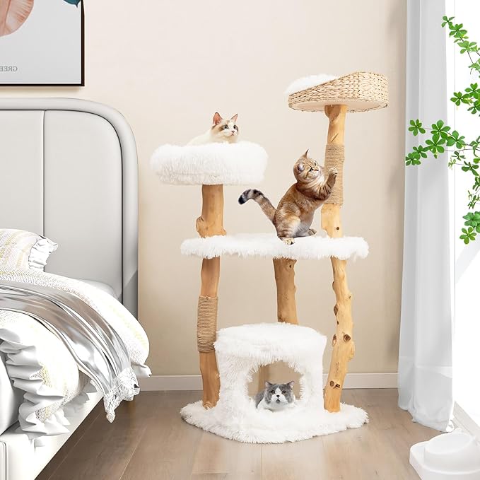 Tangkula Cat Tree Tower, Solid Wood Modern Cat Tower with Top Cattail Basket Bed, Side Perch, Large Platform & Condo, Cute Cat Tree with Scratching Posts for Indoor Cats Large Adult