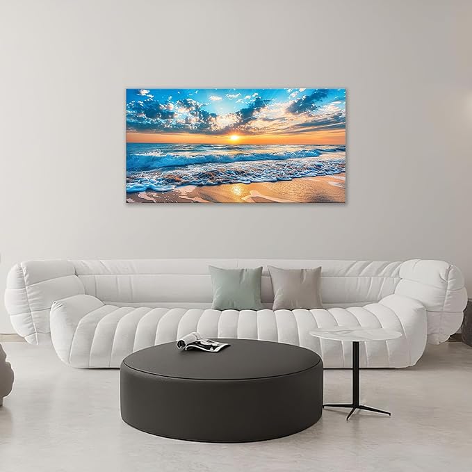 Large Beach Wall Art for Living Room Beach Sunset Ocean Waves Art Big Space Size Framed Canvas Prints Blue Pictures Painting Artwork Office Bedroom Home Decor 60"x30"