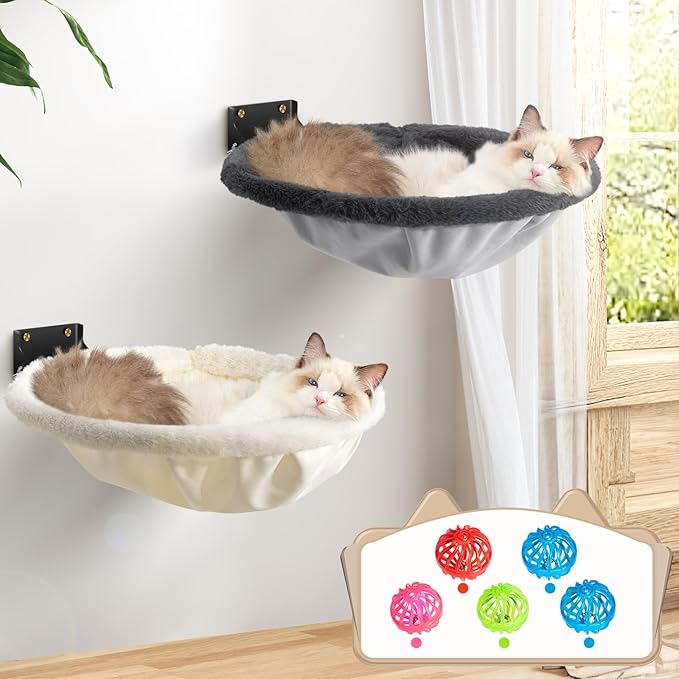 Cat Hammock Wall Mounted, Foldable & Stable Cat Beds- Breathable Cats Wall Shelves for Sleeping, Playing, Climbing, and Lounging - Maximum Hold Up to 30lb（Gray+Cream,Faux Rabbit Fur）