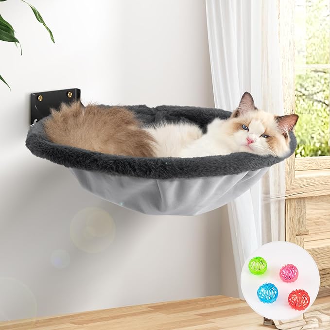 Cat Hammock Wall Mounted, Foldable & Stable Cat Beds- Breathable Cats Wall Shelves for Sleeping, Playing, Climbing, and Lounging - Maximum Hold Up to 30lb（Gray,Faux Rabbit Fur）