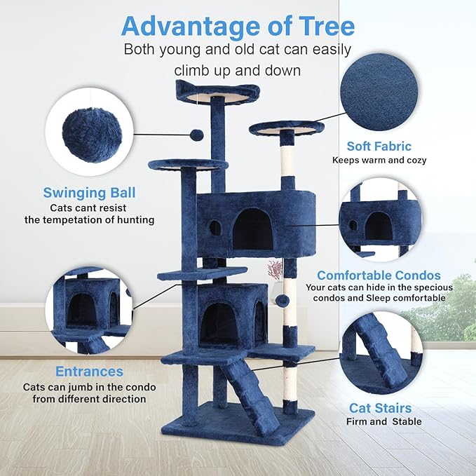 FDW Cat Tree 54in Cat Tower Multi-Level Durable Cat Scratching Post & Cozy Fun Cat Jumping Platform Space Saving Cat Condo Pet Play House for Indoor Cats,Navy Blue