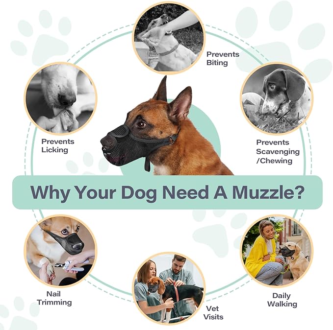 LUCKYPAW Dog Muzzle for Large Medium Small Dogs, Patented Mesh Muzzle to Prevent Biting Chewing Eating, Soft Mouth Guard with Front Opening Design for Drinking Panting(Black, XS)
