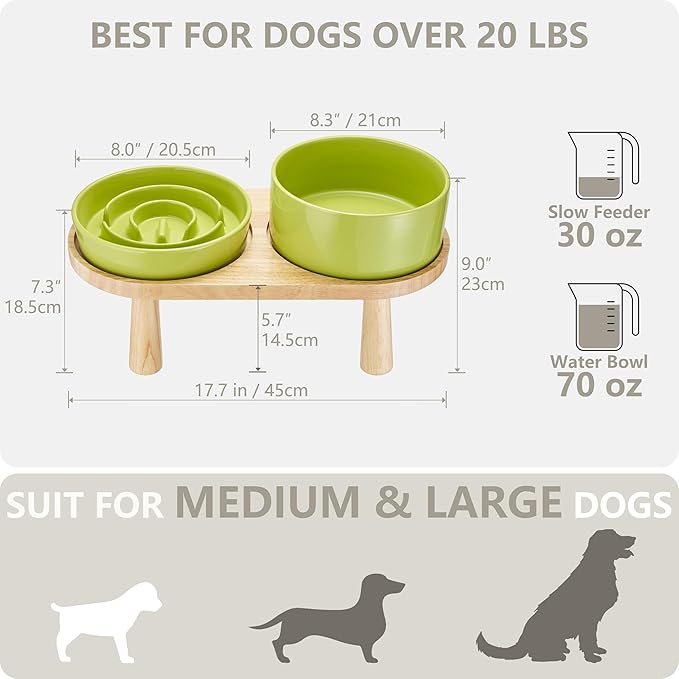 Ceramic Slow Feeder and Water Bowl Set for Medium and Large Dogs, Ceramic Dog Bowls Elevated with Wooden Stand, 2.0 Cups Dog Slow Feeder(30oz) and 70oz Water Bowl Set, Green