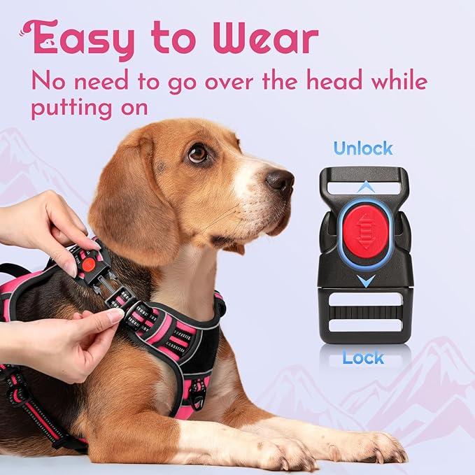 Eagloo Dog Harness for Large Dogs, Easy Wearing with 3 Buckles, Adjustable No Pull Pet Harness with 2 Rings for Walking, No Chock Reflective Soft Padded Vest with Control Handle, Pink & Black, XL