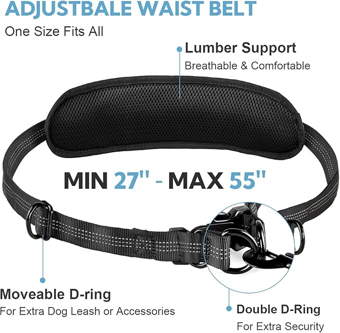 Hands Free Dog Leash, Adjustable Waist Belt with Double Padded Handles, Retractable Bungee for Medium & Large Dogs, Waist Leash for Dog Walking, Running, No Pull, Black