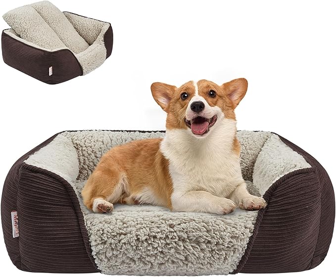 Miguel Washable Dog & Cat Bed with Removable Cushion for Medium & Small Dogs, Easy to Wash Pet Sofa Bed with Side Bolster, Anti-Slip Bottom, Dark Brown, 30 Inch Rectangle