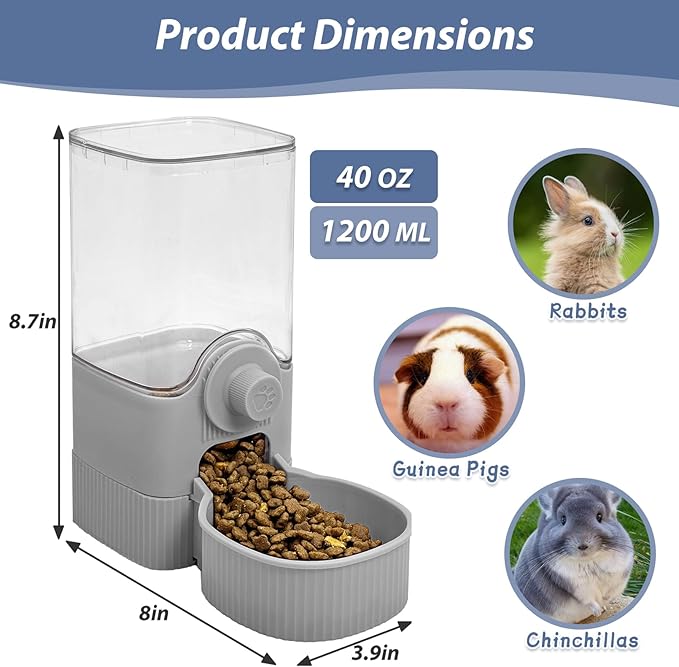 Fhiny Rabbit Food Dispenser, 40oz Large Capacity Hanging Gravity Bunny Feeder for Cage Automatic Guinea Pig Feeding Bowls Pet Food Storage for Bunny Guinea Pig Chinchilla Ferret Cat Puppy