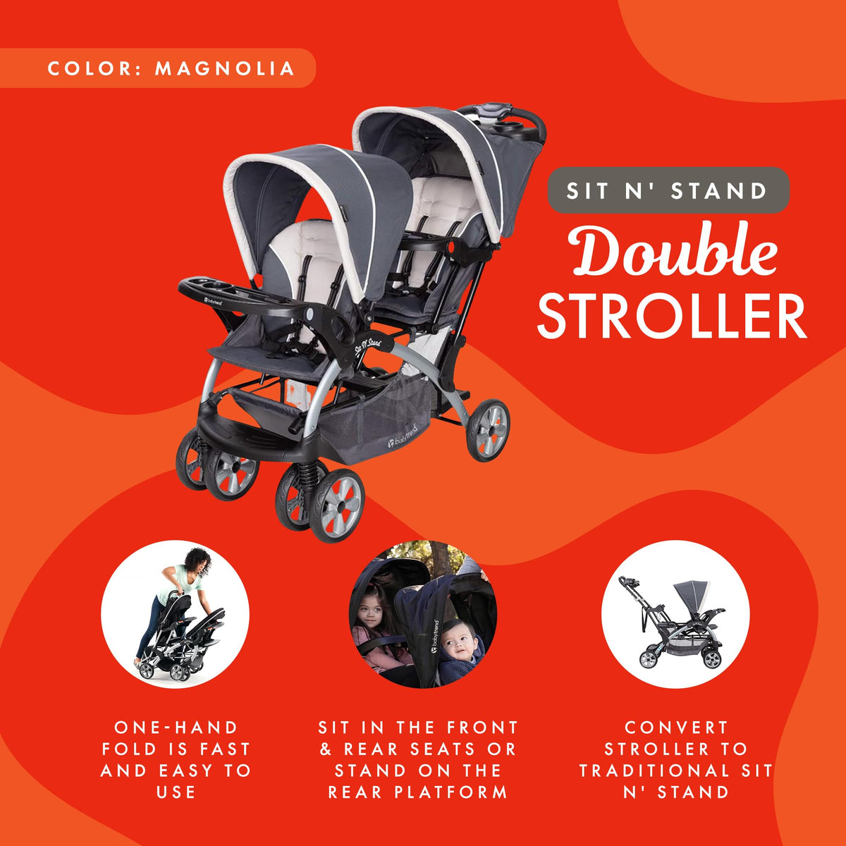 Baby Trend Double Infant and Toddler Stroller w/ Harness and Basket, Sit N' Stand, Stormy - Convertible Twin and Tandem Strollers for Babies