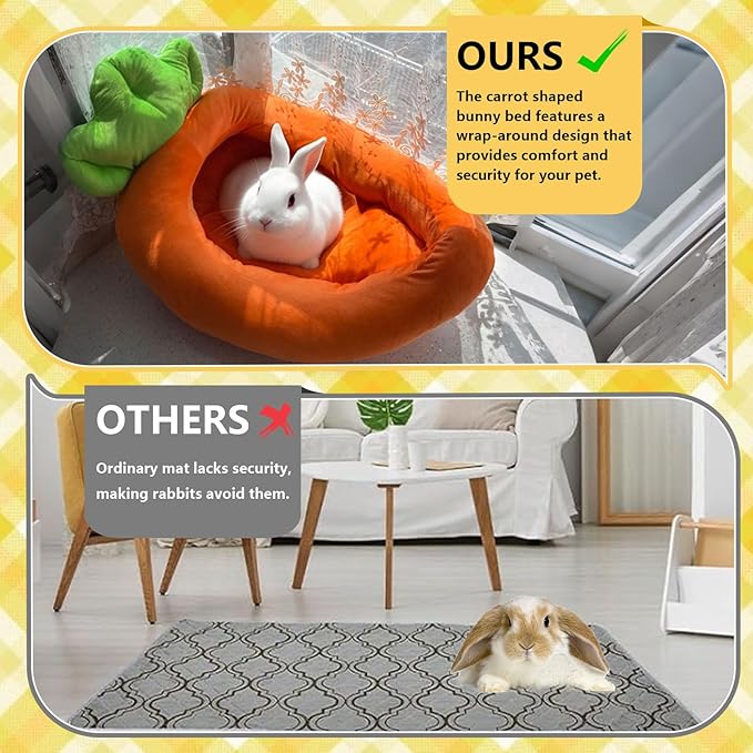 Bunny Bed,Thick&Soft Rabbit Bed with Removable Cushion,Machine Washable with Rattan Mat & Heart Decor,Cozy Warm Small Animal Sleeping Beds (Carrot Shape-M)