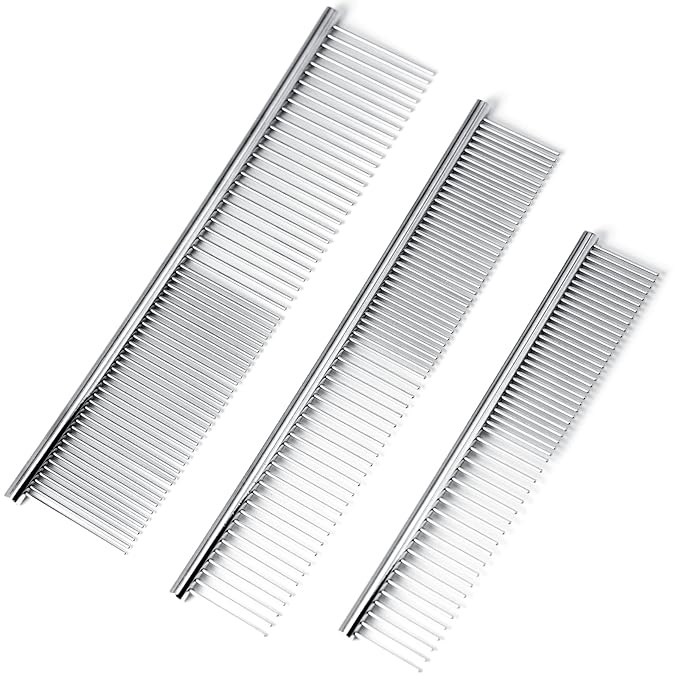 [3 Pack] Stainless Steel Pet Comb Set – Grooming Combs for Dogs & Cats, Large Medium Small Sizes – for Long, Short, Curly Hair, Detangling Matted or Knotted Undercoat Hair
