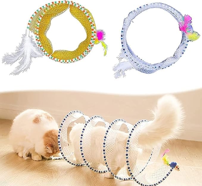 Folded Cat Tunnel Toy for Indoor Cats, 2 PCS Collapsible Pet Spring Cat Toys with Feather Mouse Upgrade Interactive Toy Playing Tent for Puppy Kitten Accessories Home