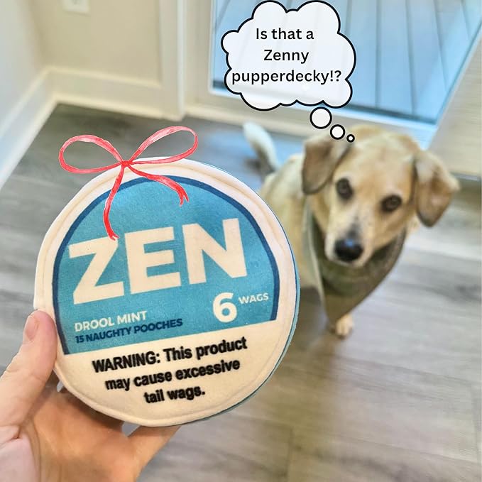 Zen Pupper Deckies Parody Dog Toy - Plush Squeaky and Crinkle Funny Dog Toy - Drool Mint