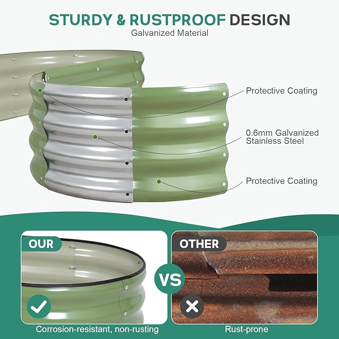 Galvanized Raised Garden Bed - 4×2×1ft (2 Packs) Planter Raised Beds for Gardening | Oval Metal Garden Planter Box with Safety Edging and Gloves for Vegetables Fruits and Flower OliveGreen