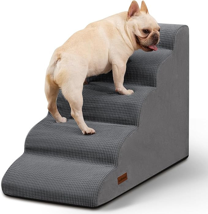 5-Step Dog Stairs and Ramp for High Bed, Non-Slip Sturdy Pet Steps for Small Dogs and Cats,22.2" H,Grey