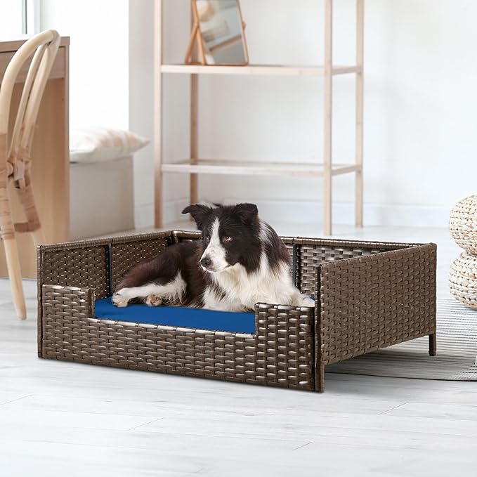 YITAHOME Rattan Dog Sofa Bed with Cushion,Wicker Pet Bed Sofa Couch Indoor Outdoor Water Resistant for Large Medium Small Dogs Cats (34.6''L*23.6''W*11.8'',Blue)