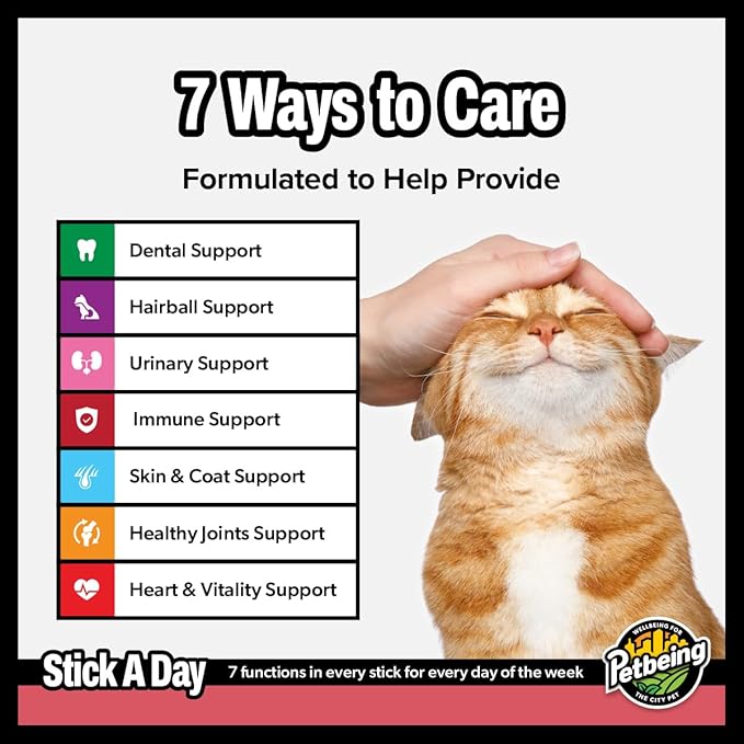 Stick a Day | Specially Formulated 7-in-1 Functions Daily Real Meat Supplement for Cats | Cat Chew Stick & Pet Vitamins Supplements Combination (7-Pack x 4, Salmon)