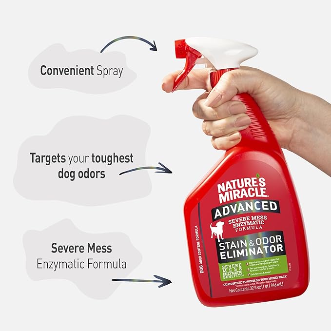 Nature’s Miracle Advanced Stain and Odor Eliminator Dog Spray, Fresh Scent, Severe Mess Enzymatic Formula For Tough Pet Messes, 32 Ounces